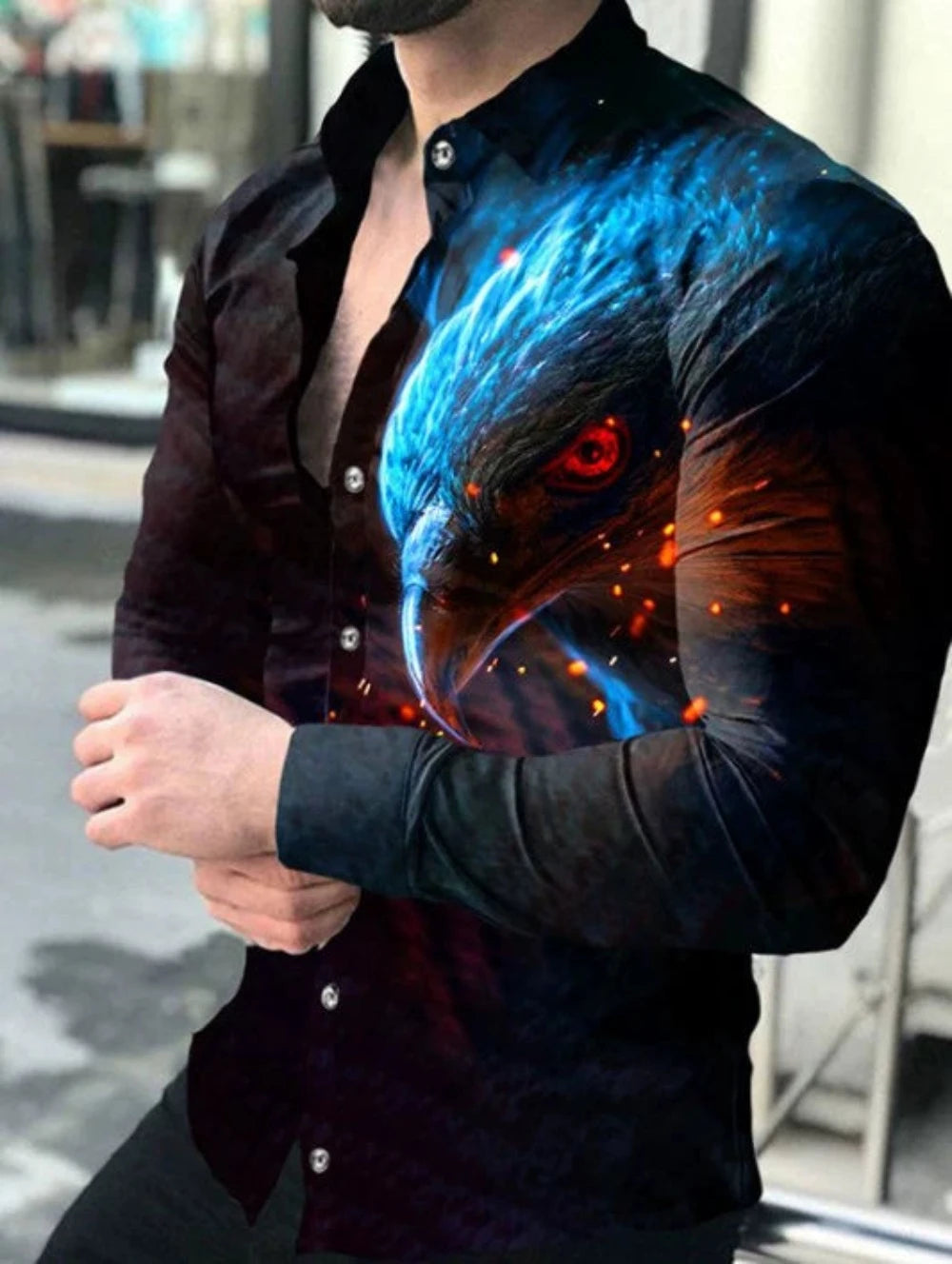 Men Woven Print Long Sleeve Button Down Dress Shirt Turn-Down Collar