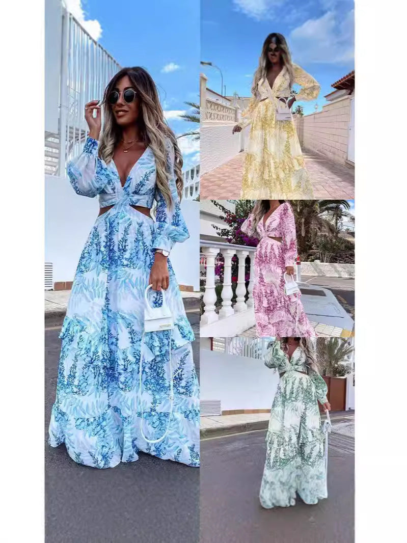 Collage of women wearing floral dresses in various colors and settings.