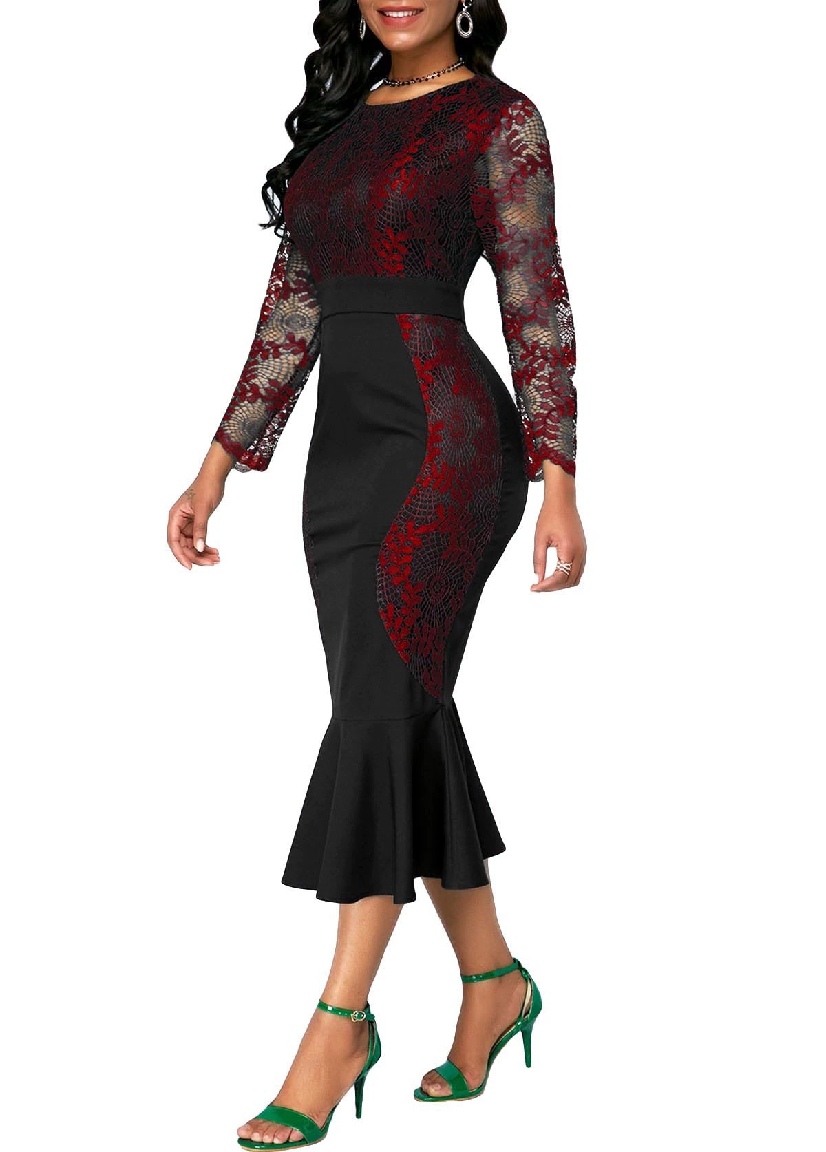 Fashion Fishtail Party Dress Three-Quarter Sleeve Crochet
