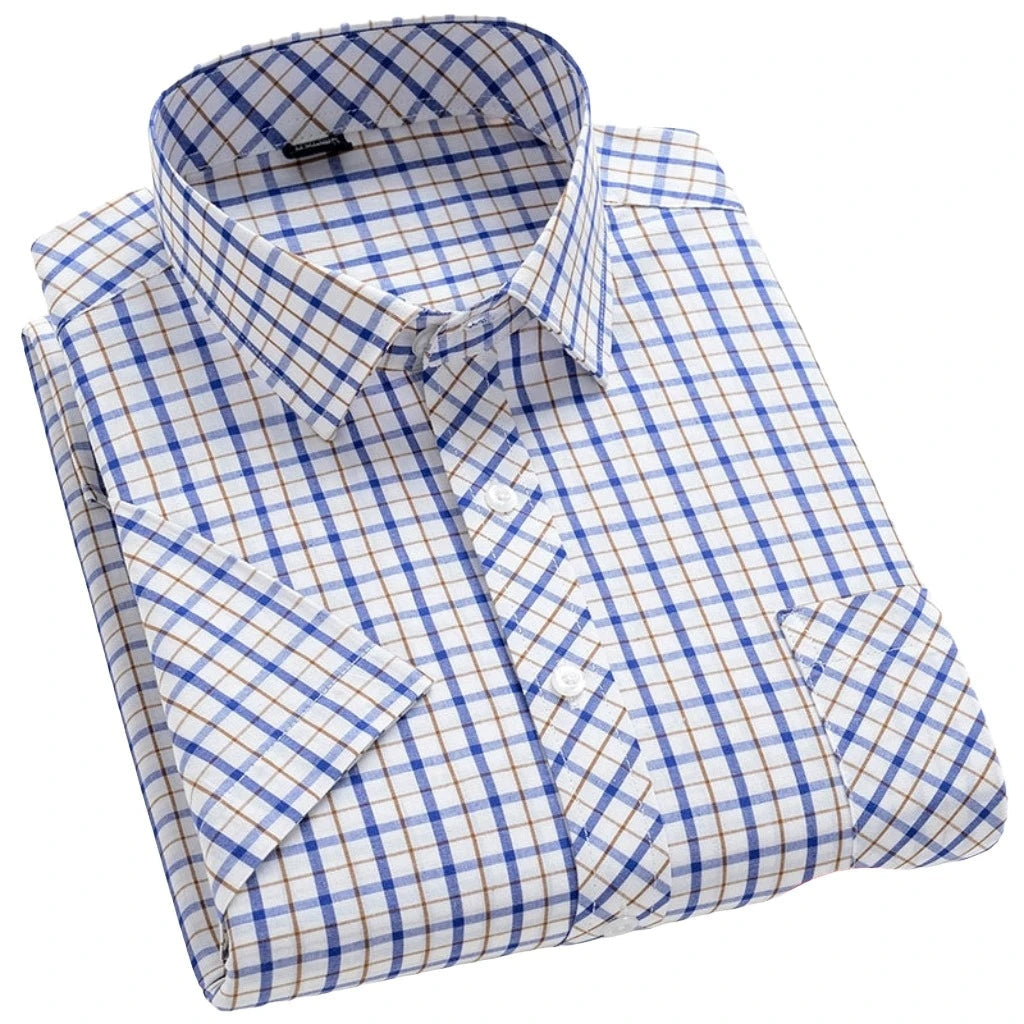 Men's Stylish Cotton Short-Sleeve Casual Button-Up Gingham Dress Shirt
