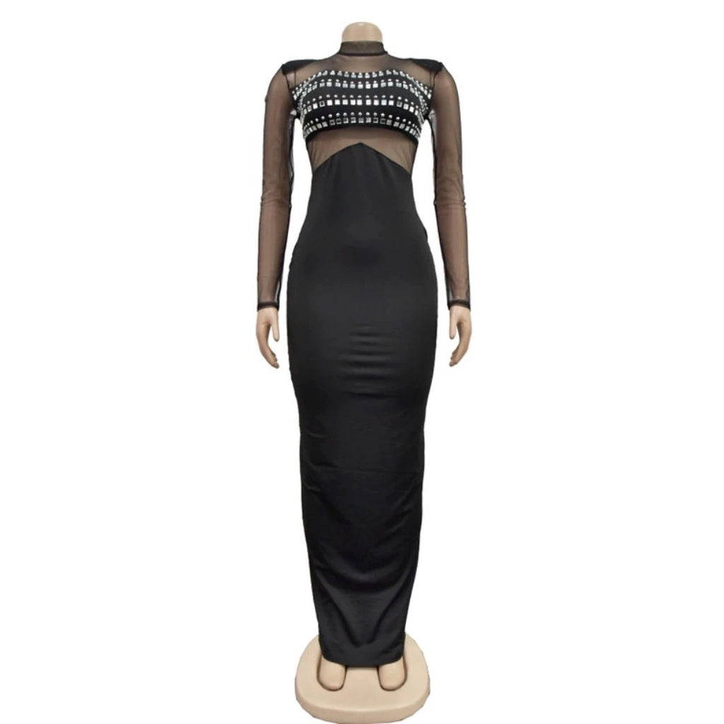 Fashion Sheer Mesh Rhinestones Maxi Women Dress Sexy Party Dresses
