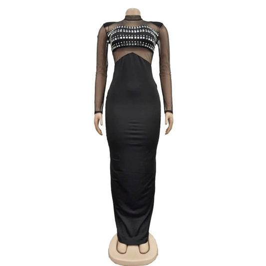 Fashion Sheer Mesh Rhinestones Maxi Women Dress Sexy Party Dresses