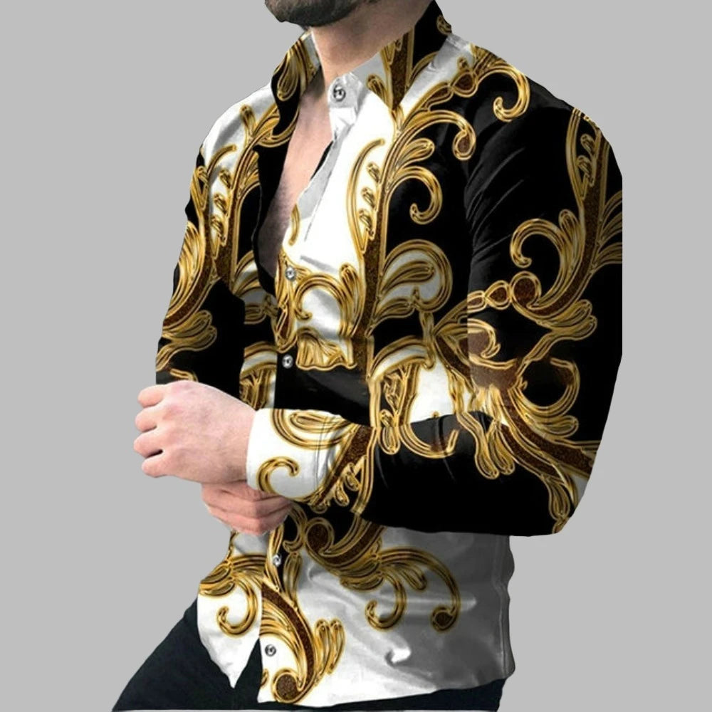 Men Woven Print Long Sleeve Button Down Dress Shirt Turn-Down Collar