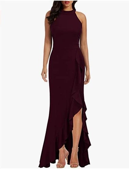 Women's Sexy Sleeveless Ruffle High Split Party Evening Long Formal