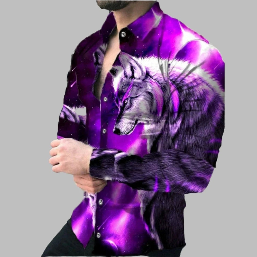 Men Woven Print Long Sleeve Button Down Dress Shirt Turn-Down Collar