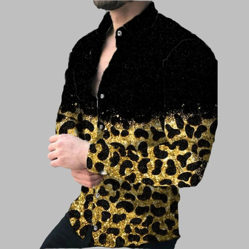 Men Woven Print Long Sleeve Button Down Dress Shirt Turn-Down Collar