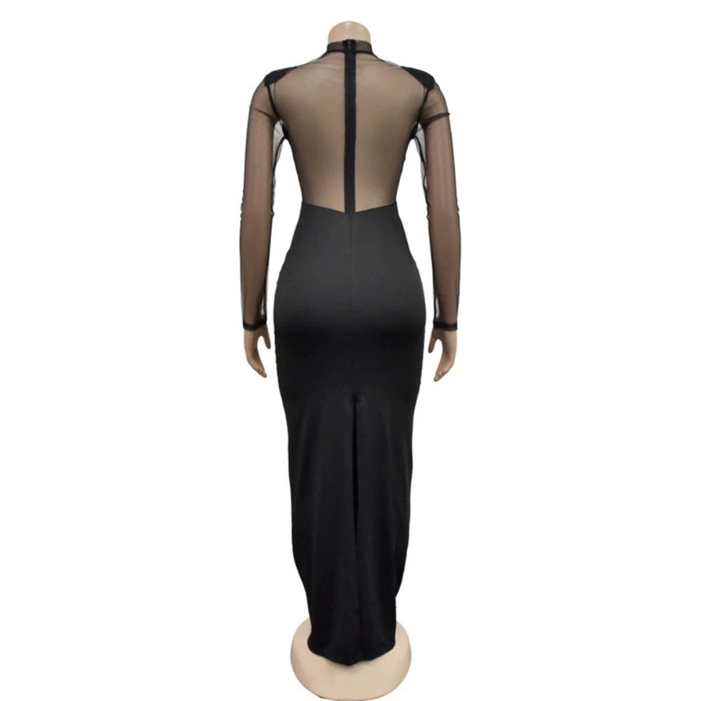 Fashion Sheer Mesh Rhinestones Maxi Women Dress Sexy Party Dresses