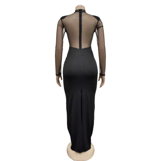 Fashion Sheer Mesh Rhinestones Maxi Women Dress Sexy Party Dresses
