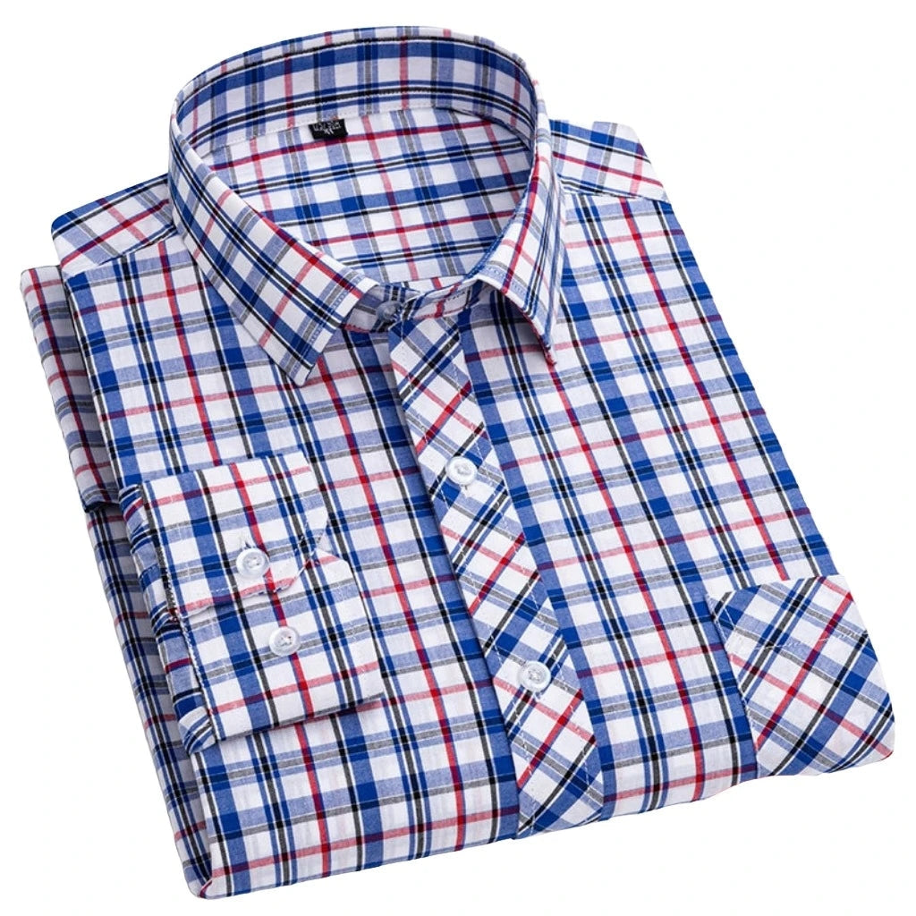 Men Button-Down Collar Long Sleeves Casual Cotton Gingham Dress Shirt