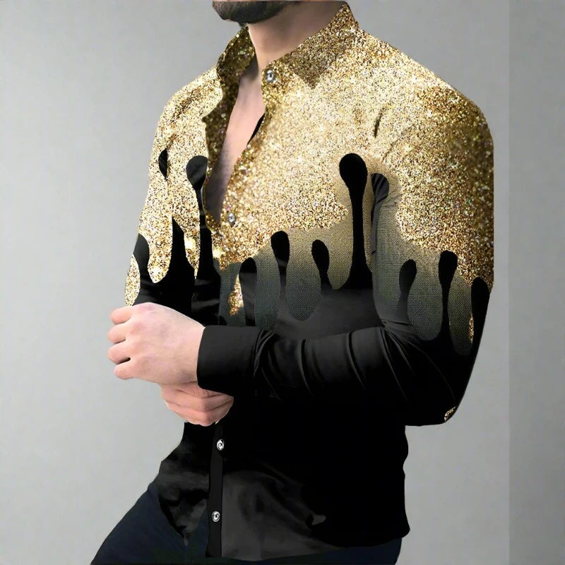 Men Woven Print Long Sleeve Button Down Dress Shirt Turn-Down Collar