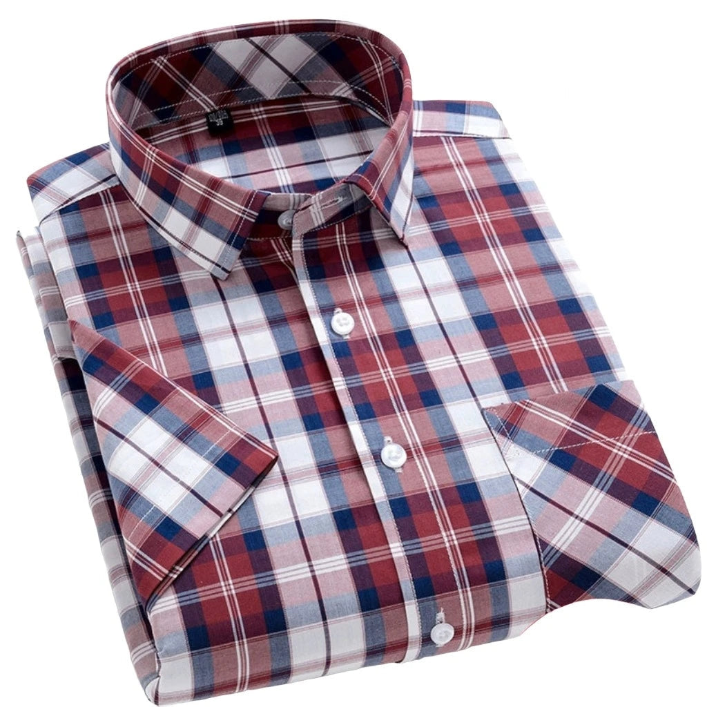 Men's Stylish Cotton Short-Sleeve Casual Button-Up Gingham Dress Shirt