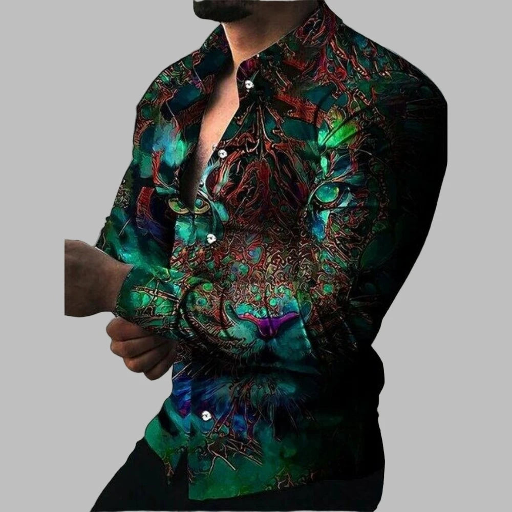 Men Woven Print Long Sleeve Button Down Dress Shirt Turn-Down Collar