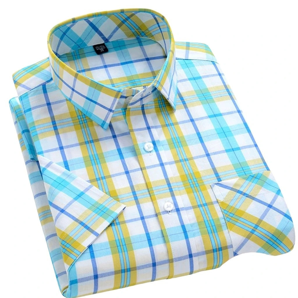 Men's Stylish Cotton Short-Sleeve Casual Button-Up Gingham Dress Shirt