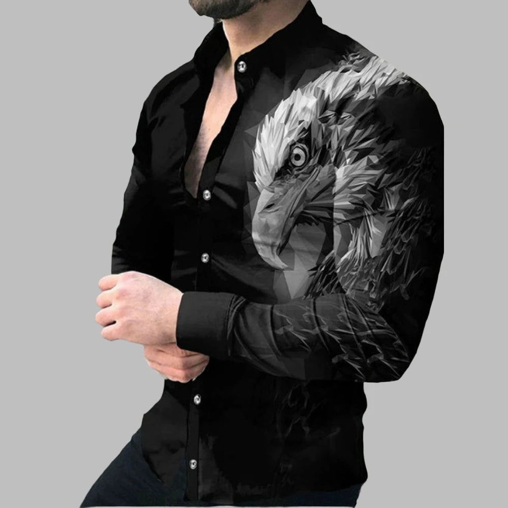 Men Woven Print Long Sleeve Button Down Dress Shirt Turn-Down Collar