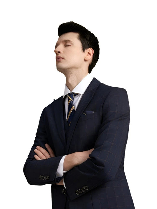 Slim Fit Wedding Casual British Style Gingham Groom Suit for Men