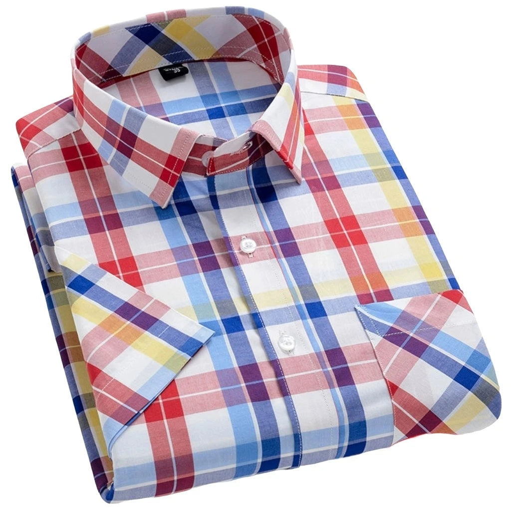 Men's Stylish Cotton Short-Sleeve Casual Button-Up Gingham Dress Shirt