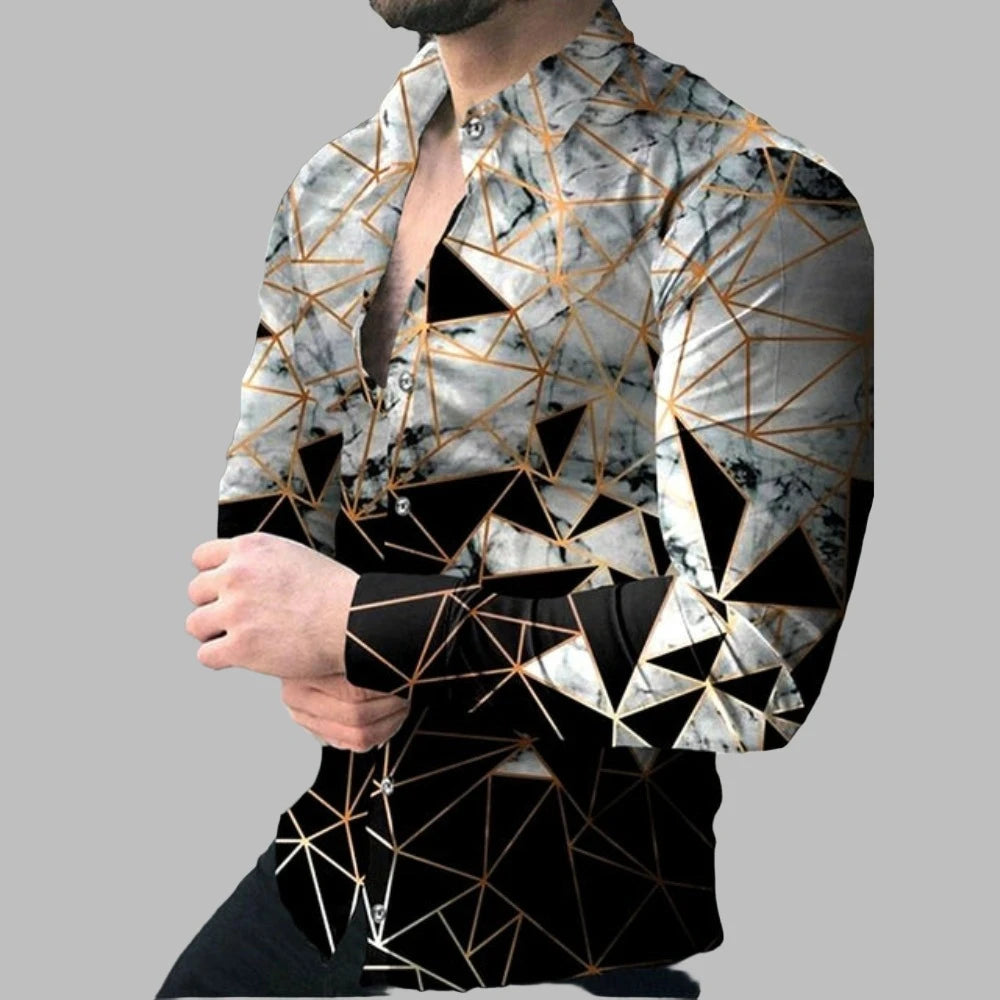 Men Woven Print Long Sleeve Button Down Dress Shirt Turn-Down Collar