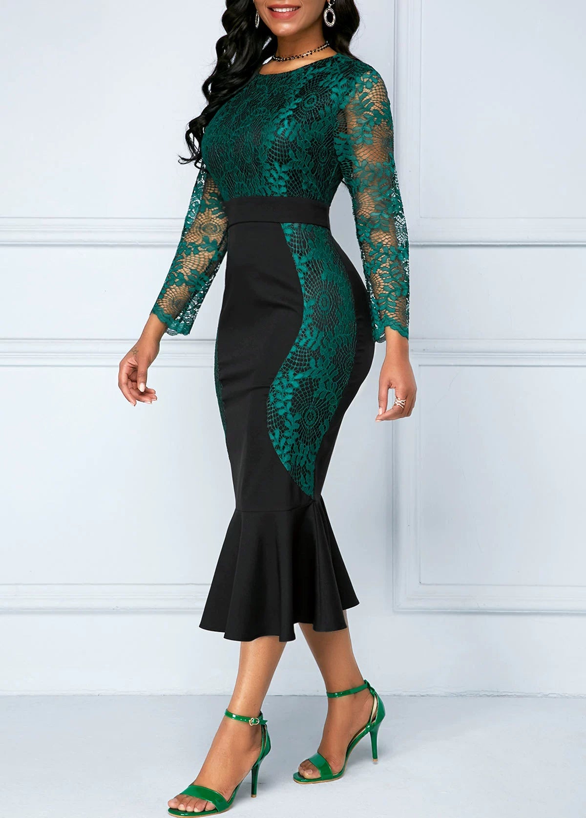 Fashion Fishtail Party Dress Three-Quarter Sleeve Crochet