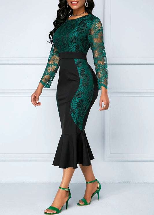 Fashion Fishtail Party Dress Three-Quarter Sleeve Crochet