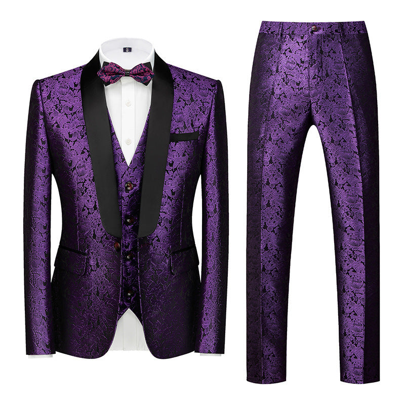 Men's Business Dress Wedding Best Man Jacquard Suit Three-piece Set Cross-border Suit