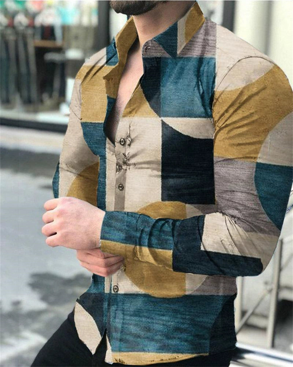 Men Woven Print Long Sleeve Button Down Dress Shirt Turn-Down Collar