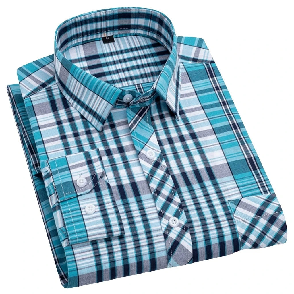 Men's Stylish Cotton Short-Sleeve Casual Button-Up Gingham Dress Shirt