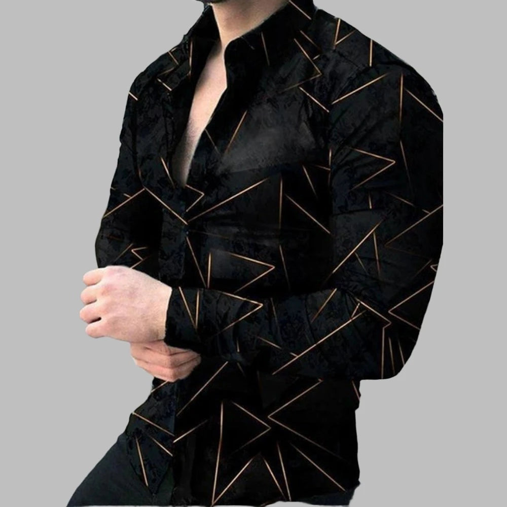 Men Woven Print Long Sleeve Button Down Dress Shirt Turn-Down Collar