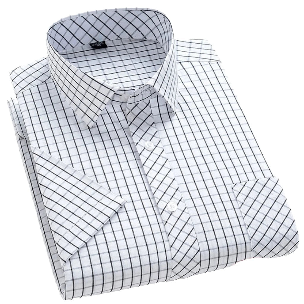 Men's Stylish Cotton Short-Sleeve Casual Button-Up Gingham Dress Shirt