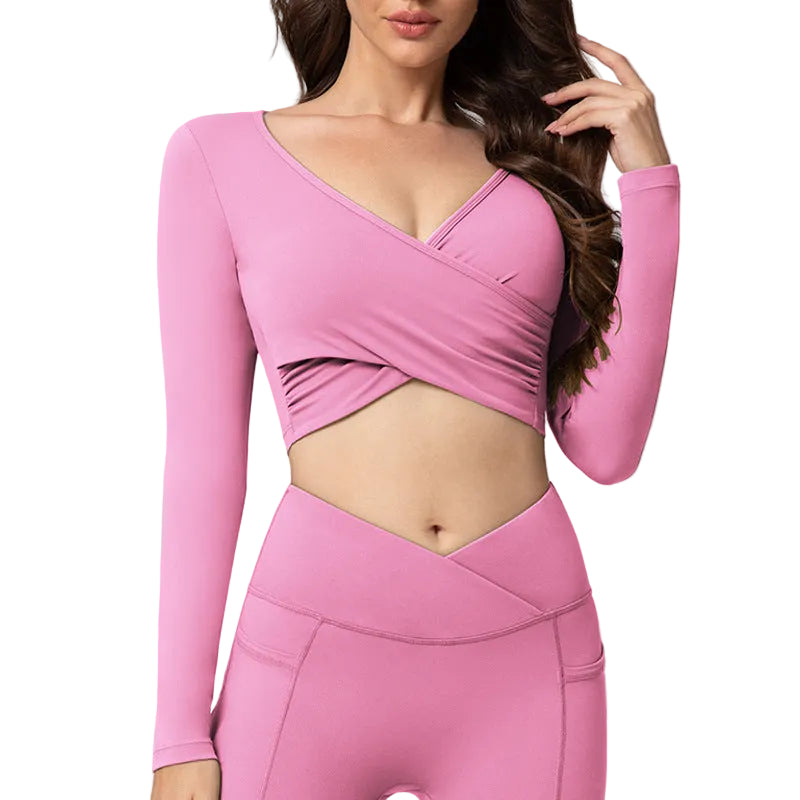 Sexy Cross Deep V Short Leaky Waist Solid Color Fitness Sports Leisure Long Sleeve Yoga Clothes Top for Women