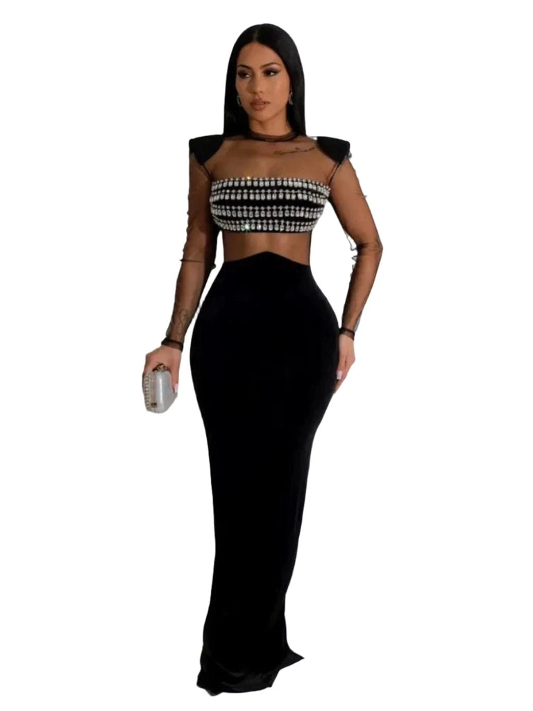 Fashion Sheer Mesh Rhinestones Maxi Women Dress Sexy Party Dresses
