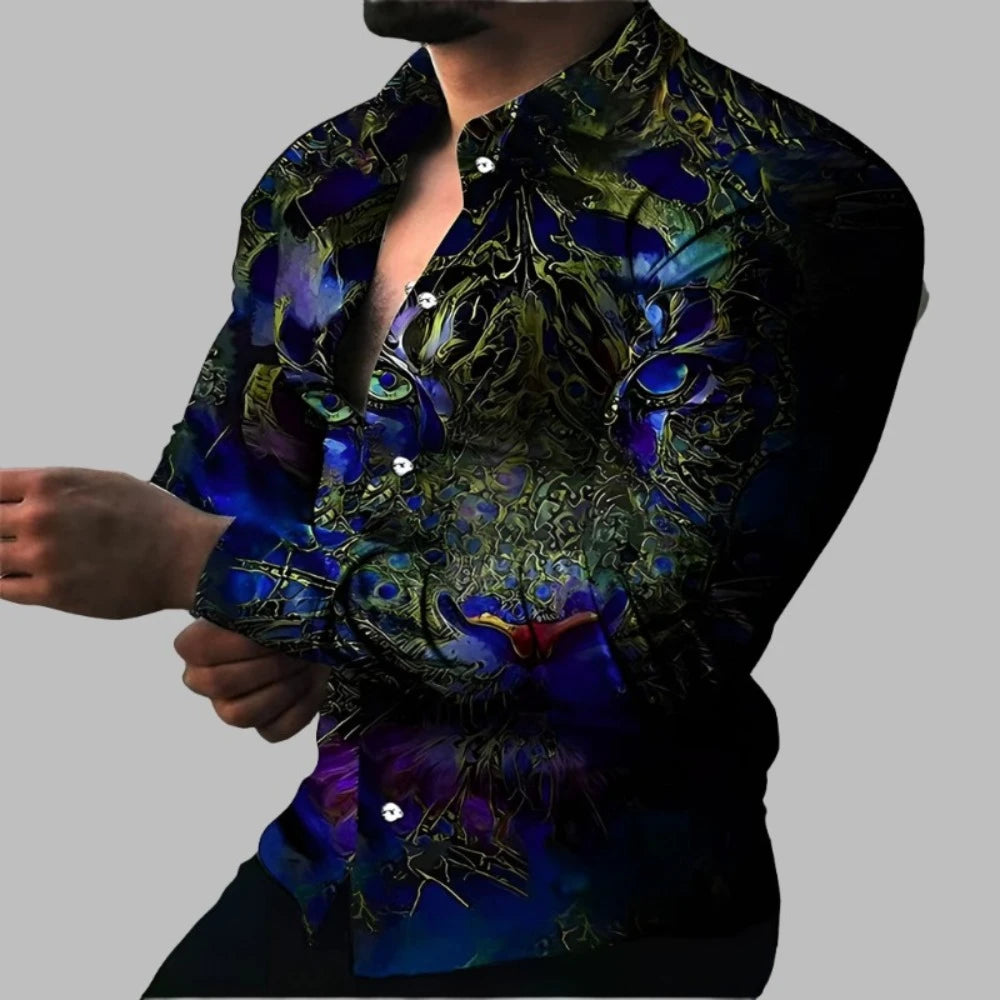 Men Woven Print Long Sleeve Button Down Dress Shirt Turn-Down Collar