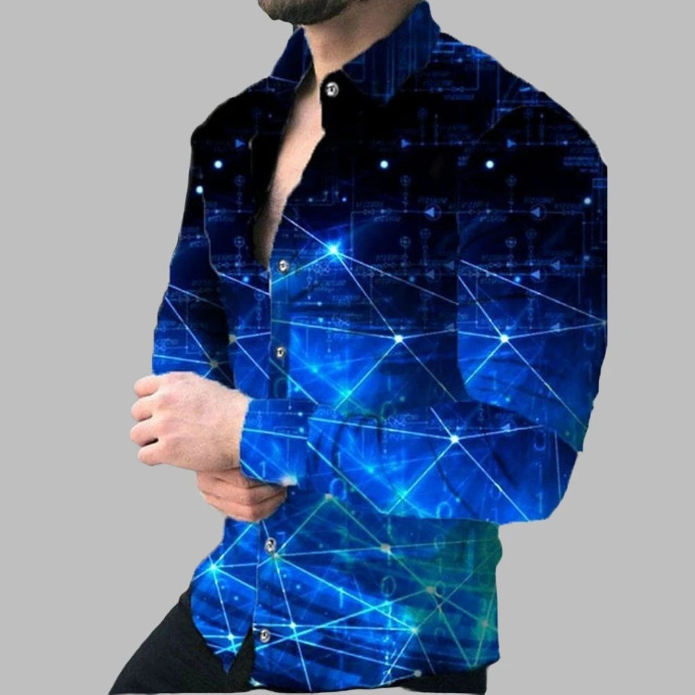 Men Woven Print Long Sleeve Button Down Dress Shirt Turn-Down Collar