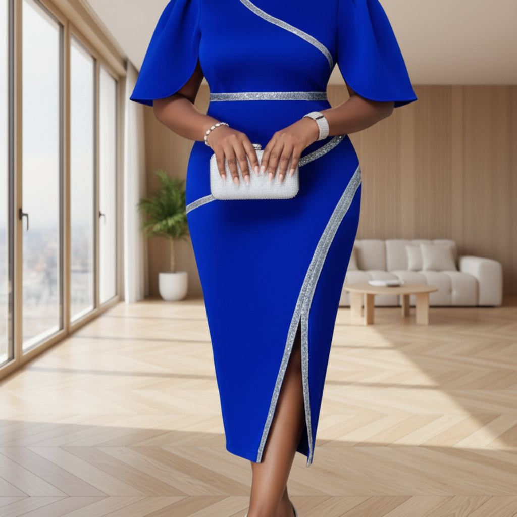 Person wearing a blue dress with silver trim, holding a white clutch, in a formal setting.