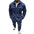 Person wearing a blue outfit with a jacket and pants on a white background