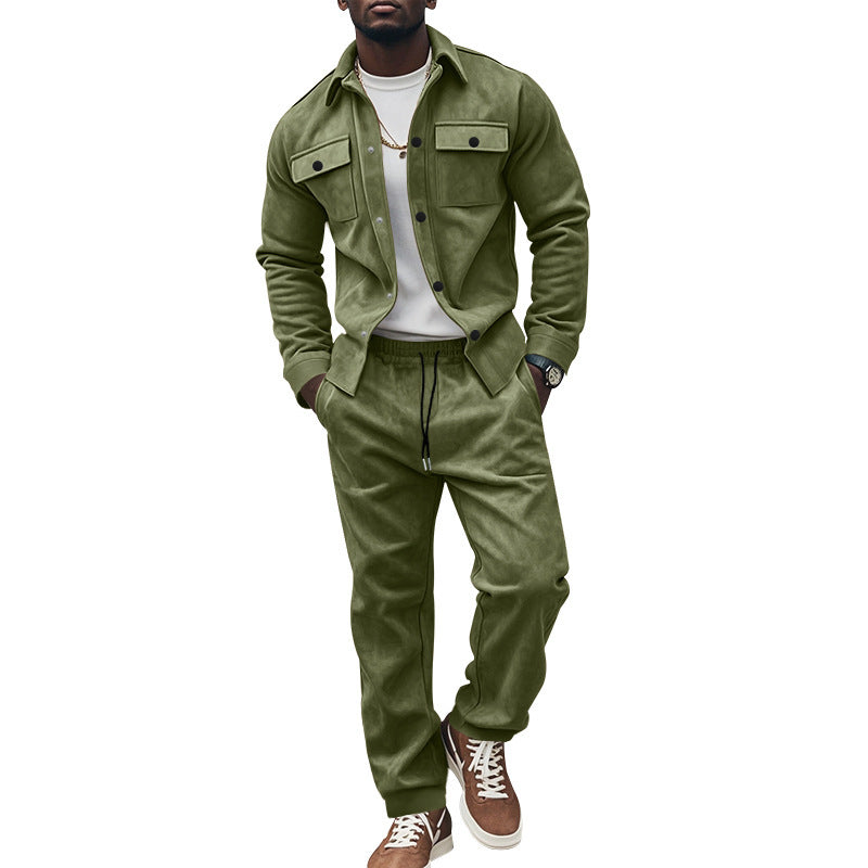 Person wearing a green jacket and pants set on a white background