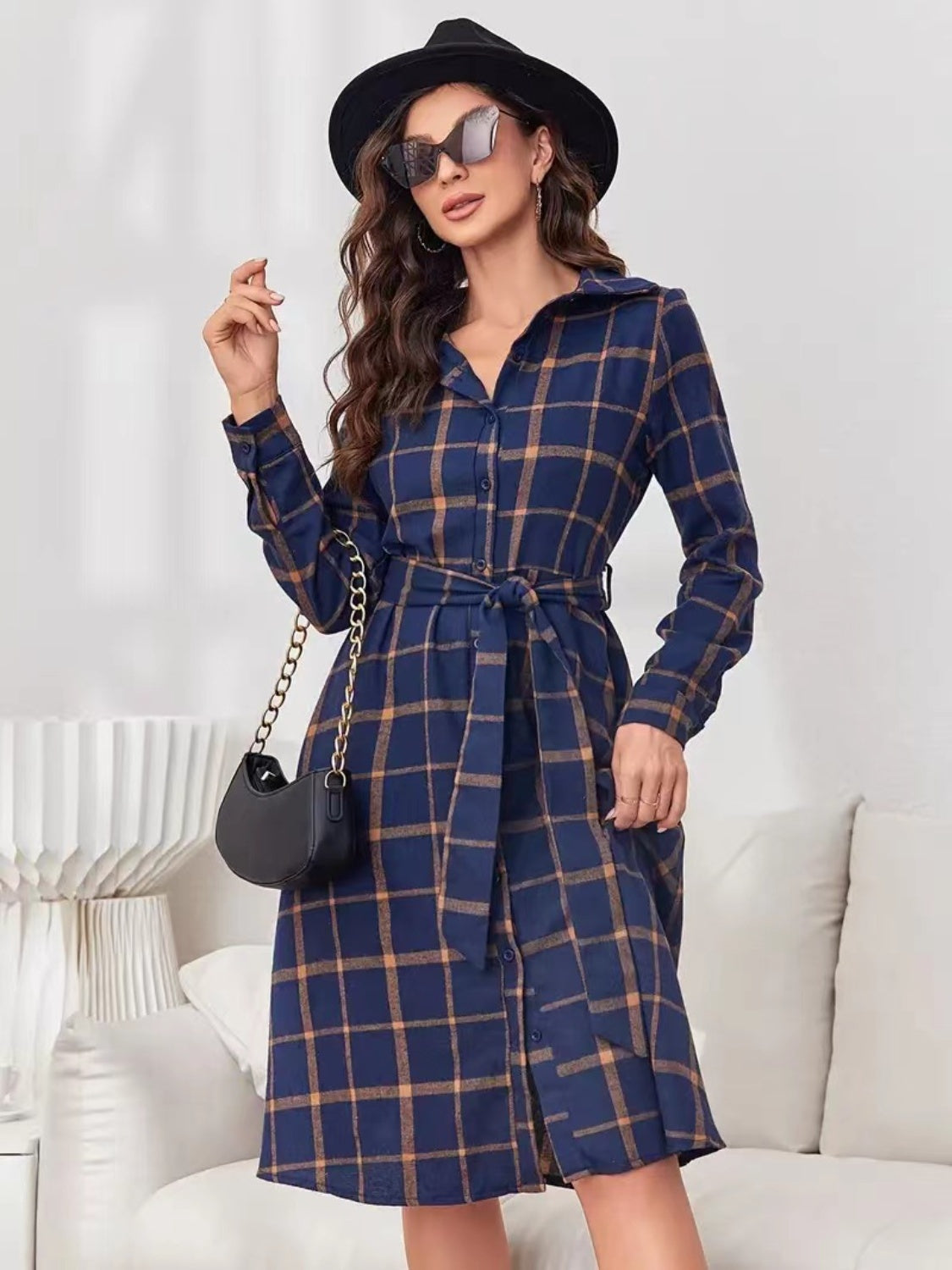 Plaid Tie Waist Long Sleeve Dress Timeless Elegance for Fashion