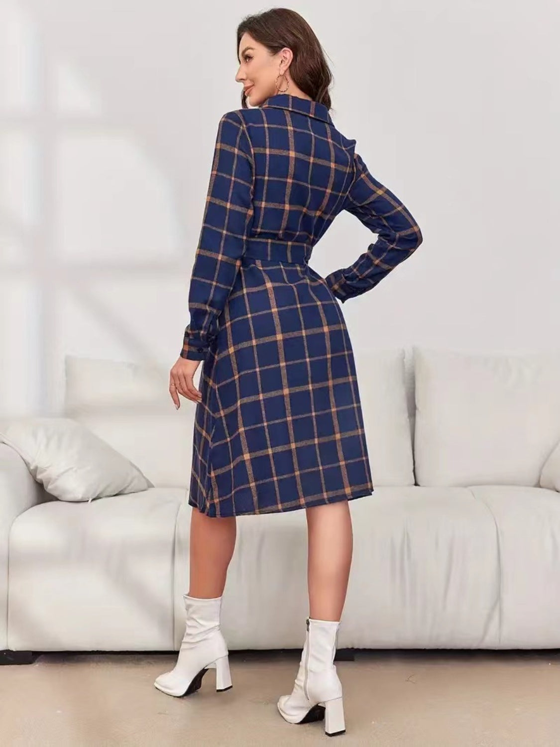 Plaid Tie Waist Long Sleeve Dress Timeless Elegance for Fashion