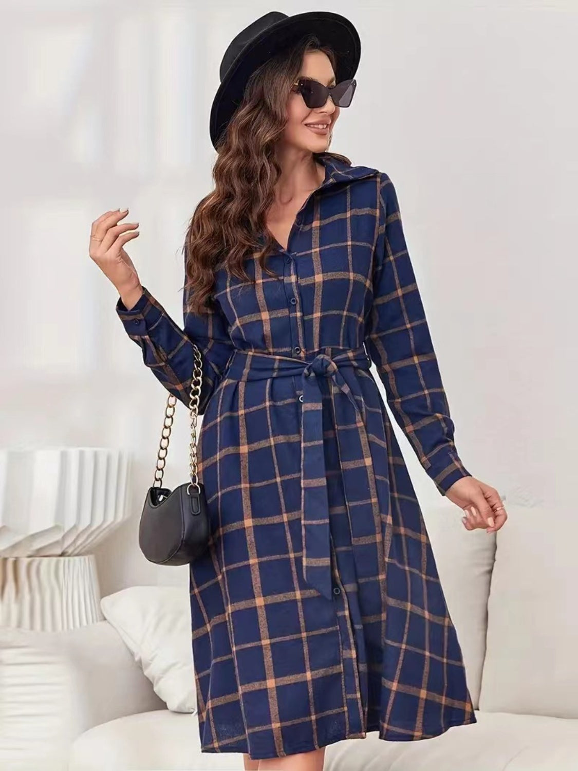Plaid Tie Waist Long Sleeve Dress Timeless Elegance for Fashion