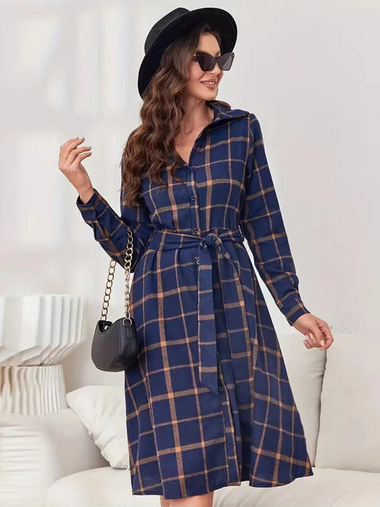 Plaid Tie Waist Long Sleeve Dress Timeless Elegance for Fashion