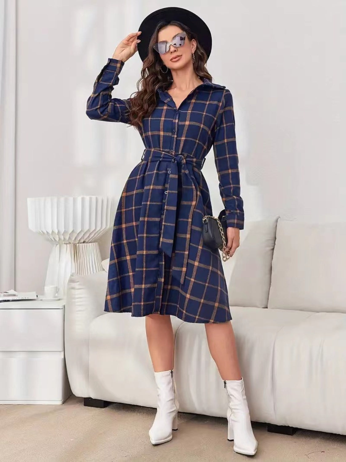Plaid Tie Waist Long Sleeve Dress Timeless Elegance for Fashion