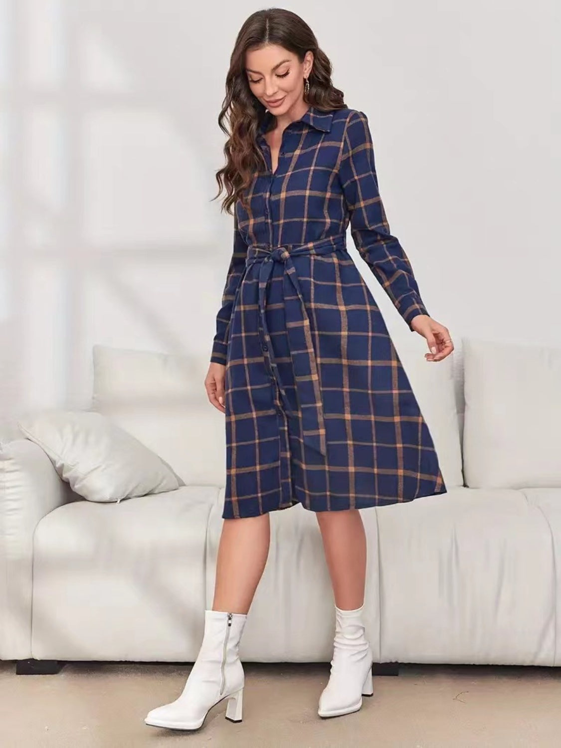 Plaid Tie Waist Long Sleeve Dress Timeless Elegance for Fashion