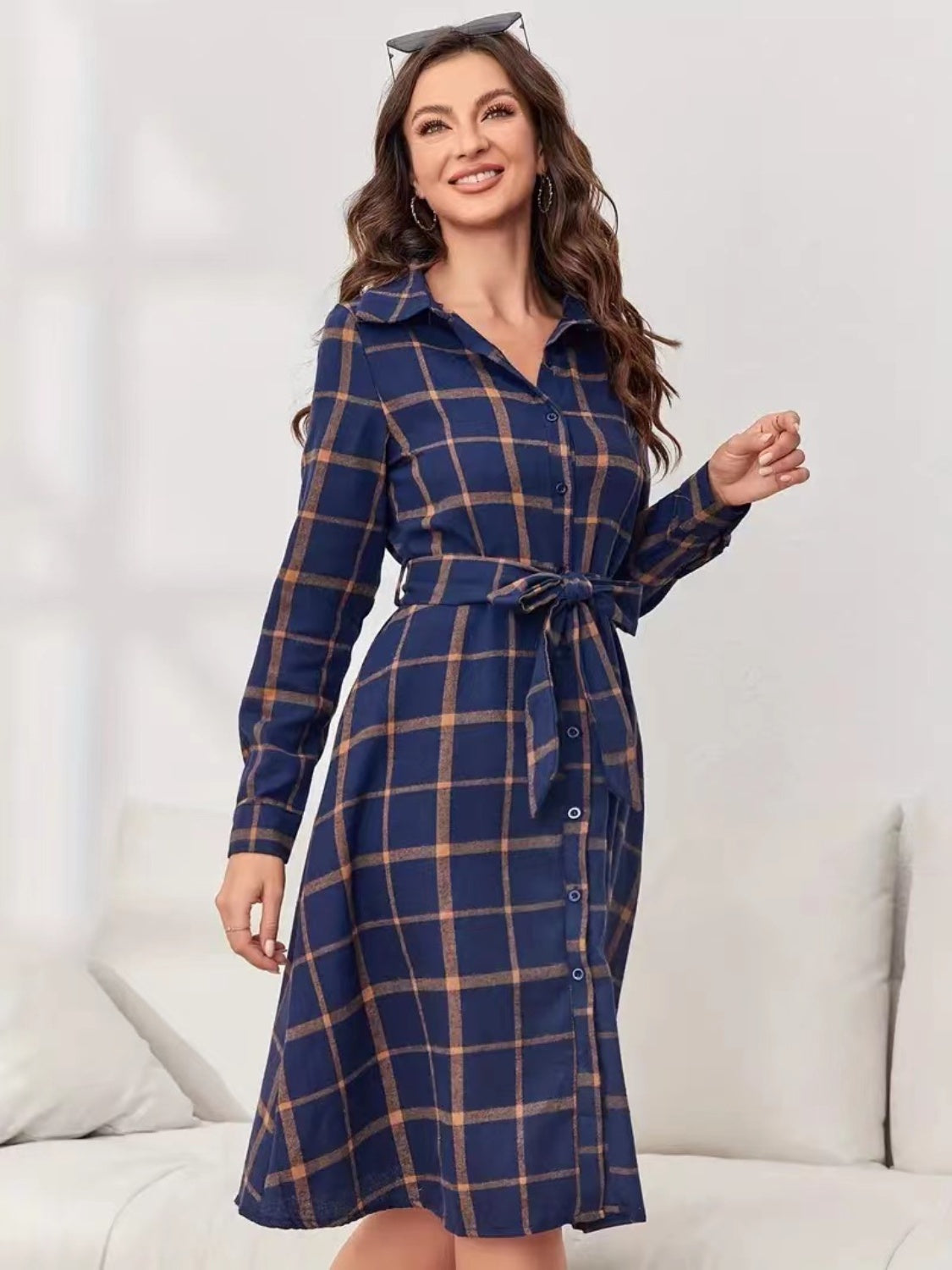Plaid Tie Waist Long Sleeve Dress Timeless Elegance for Fashion