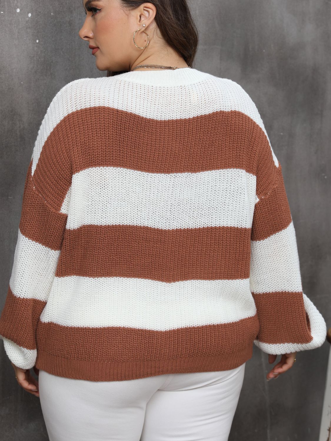 Plus Size Striped Round Neck Long Sleeve Sweater for Women