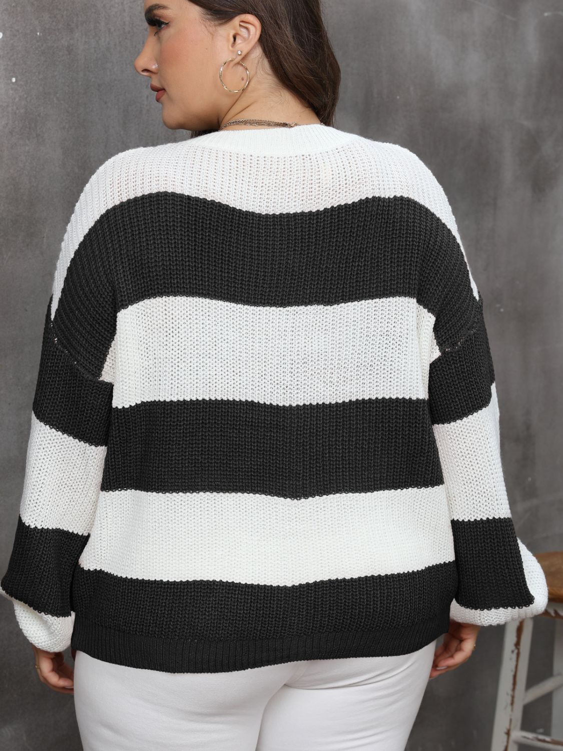 Plus Size Striped Round Neck Long Sleeve Sweater for Women