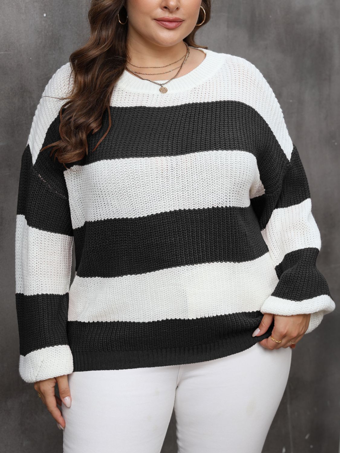 Plus Size Striped Round Neck Long Sleeve Sweater for Women