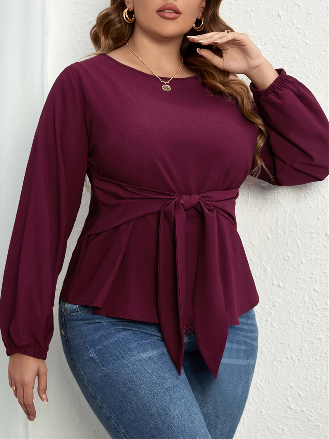 Plus Size Tie Front Long Sleeve Women's Blouse Clothing Dress