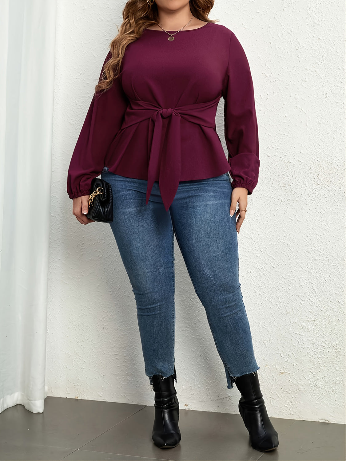 Plus Size Tie Front Long Sleeve Women's Blouse Clothing Dress