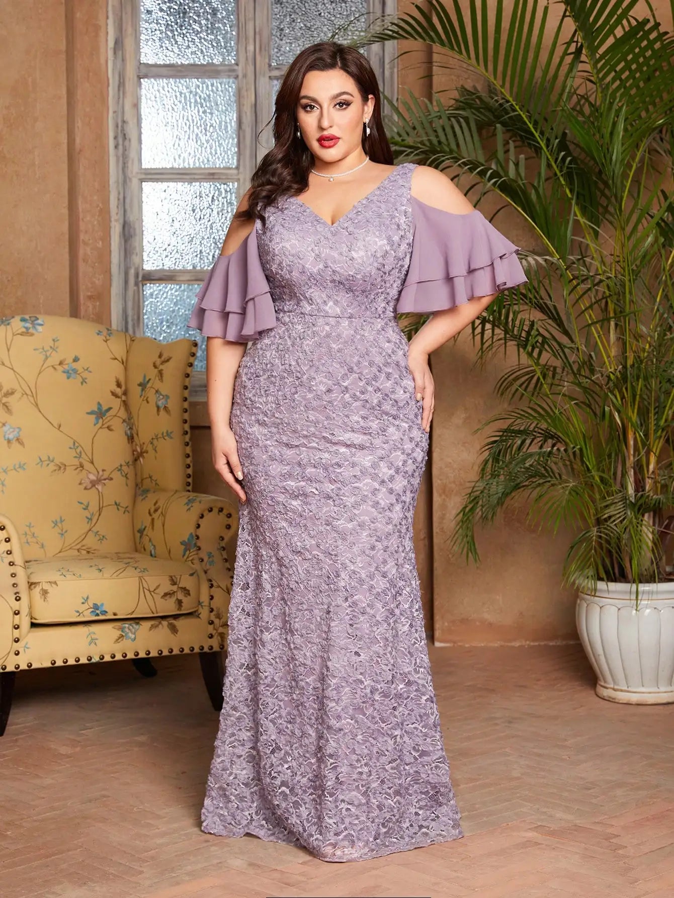 Plus Size lace patchwork chiffon off-the-shoulder sleeve dress