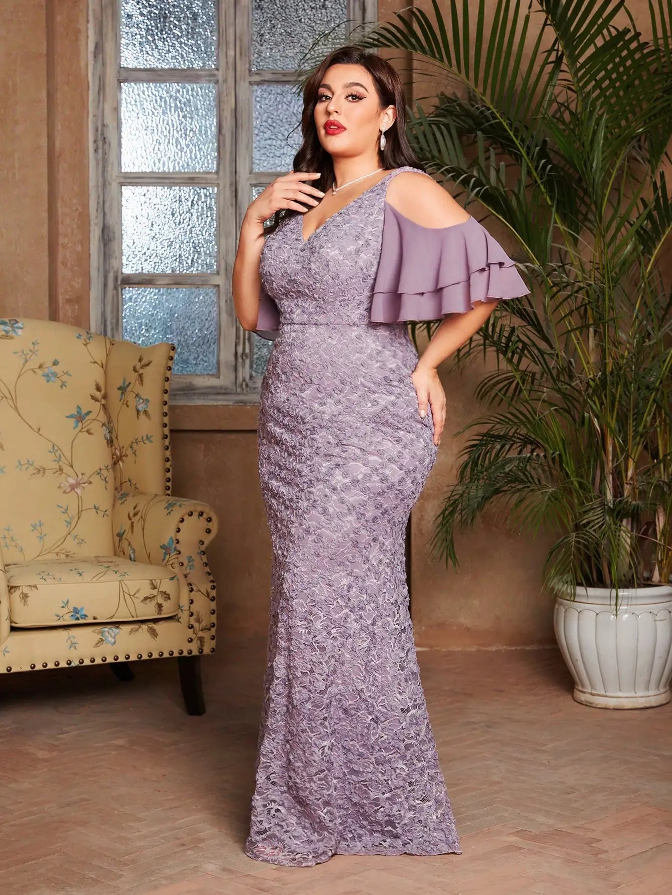 Plus Size lace patchwork chiffon off-the-shoulder sleeve dress