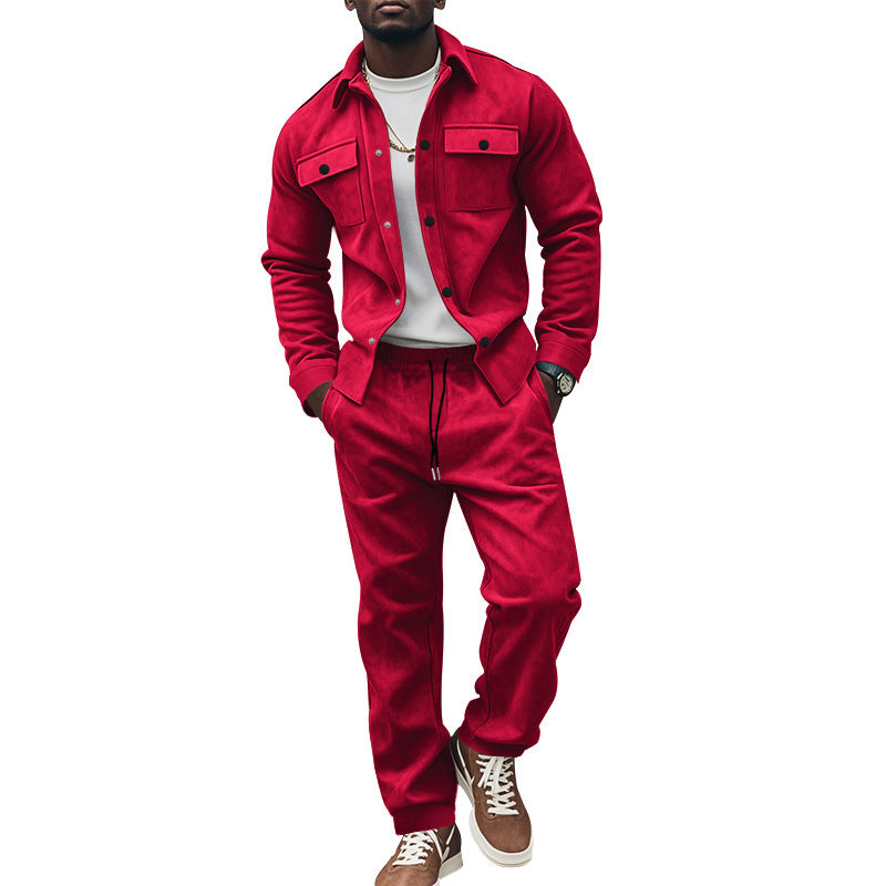 Red outfit with jacket and pants worn by a person on a white background